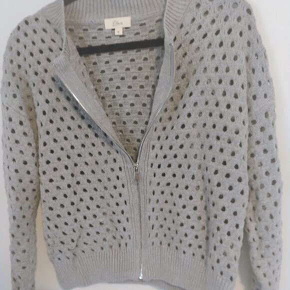 Elan Women's Open-Knit Zip-Up Sweater in Light Gray Size S - Picture 2 of 6